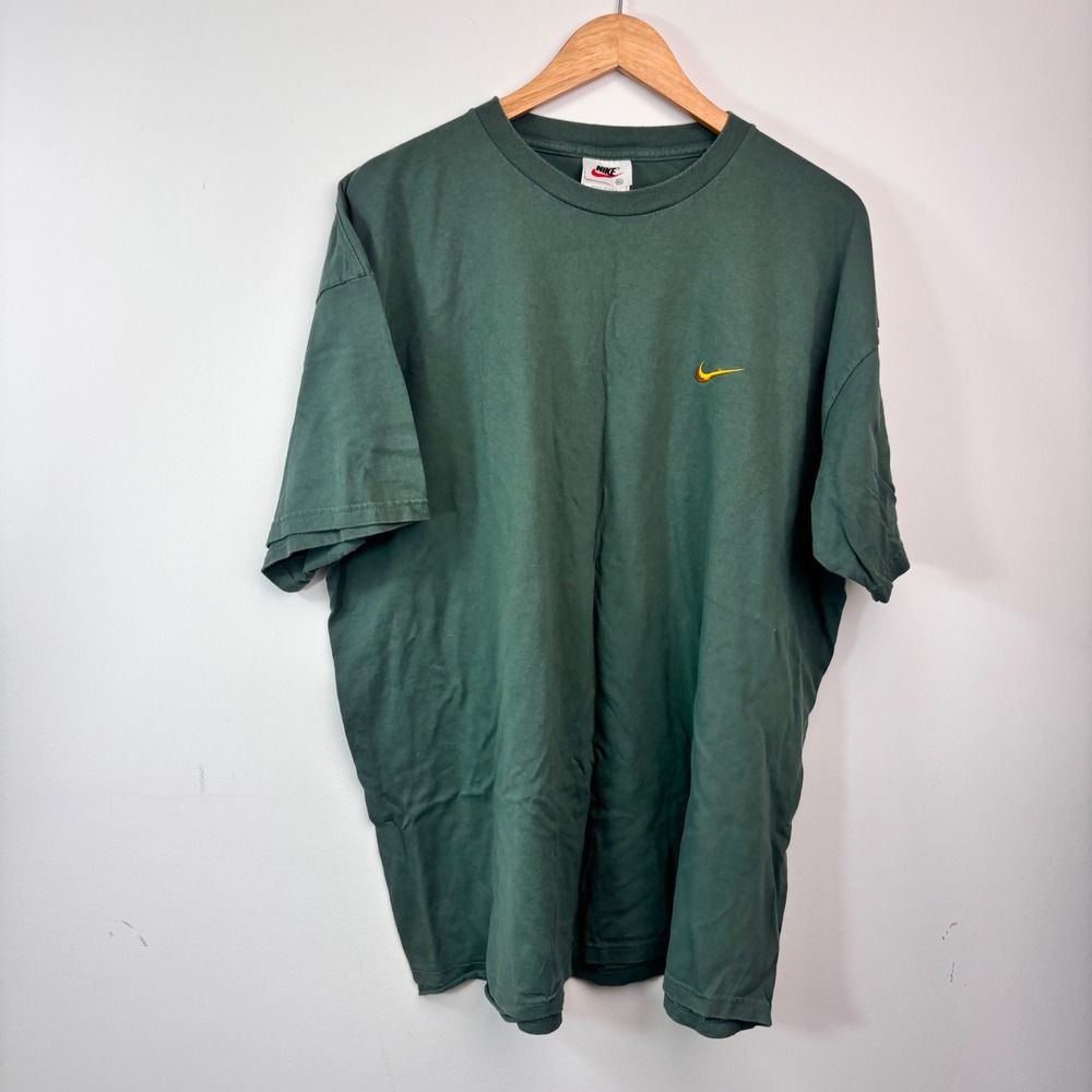 Vintage 90s Nike Mini Swoosh T Shirt Green Yellow Logo Made USA XXL